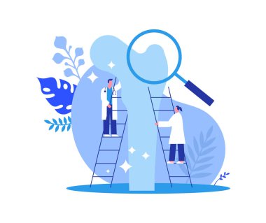 Doktor insanlar tıbbi araştırma yapıyor ya da insan kemiği üzerinde bilimsel araştırma yapıyor. Sağlık uzmanı konsepti. Modern düz çizgi film tarzında izole tıp illüstrasyonu.