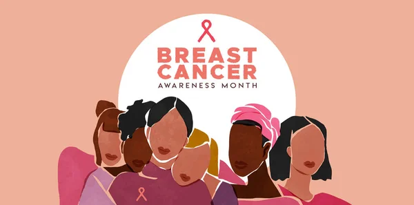 Brustkrebs Bewusstsein Monat Web Banner Illustration Diverse Frauen Unterschiedlicher Kulturen — Stockvektor
