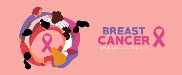 Breast Cancer Awareness Greeting Card Illustration Flat Cartoon Woman Friends — Stock Vector