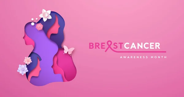 Brustkrebs Bewusstsein Monat Grußkarte Illustration Von Papercut Weiblichen Gruppengesichtern Pinkfarbener — Stockvektor