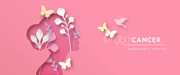 乳腺癌意识月贺卡图解 女人面对着现代的纸巾风格 有着春天的自然和粉色蝴蝶的剪裁 疾病预防运动或妇女保健概念 — 图库矢量图片