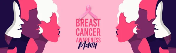 Brustkrebs Sensibilisierungsmonat Web Banner Illustration Von Verschiedenen Rosa Jungen Frauen — Stockvektor