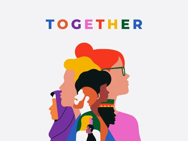 五彩缤纷的引文与多元的人脸连在一起 为团结或社区帮助概念而设计的民族特色团队平面卡通设计 — 图库矢量图片