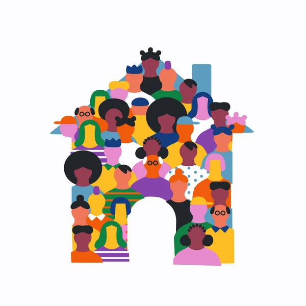 Μεγάλη Ομάδα Ανθρώπων Αντιμετωπίζει Μαζί Κάνοντας Σπίτι Σχήμα Πολύχρωμη Ποικιλόμορφη — Διανυσματικό Αρχείο