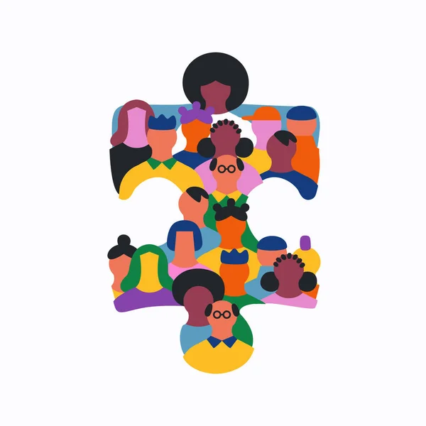 Big Group People Faces Together Making Puzzle Piece Shape Colorful — Stock Vector