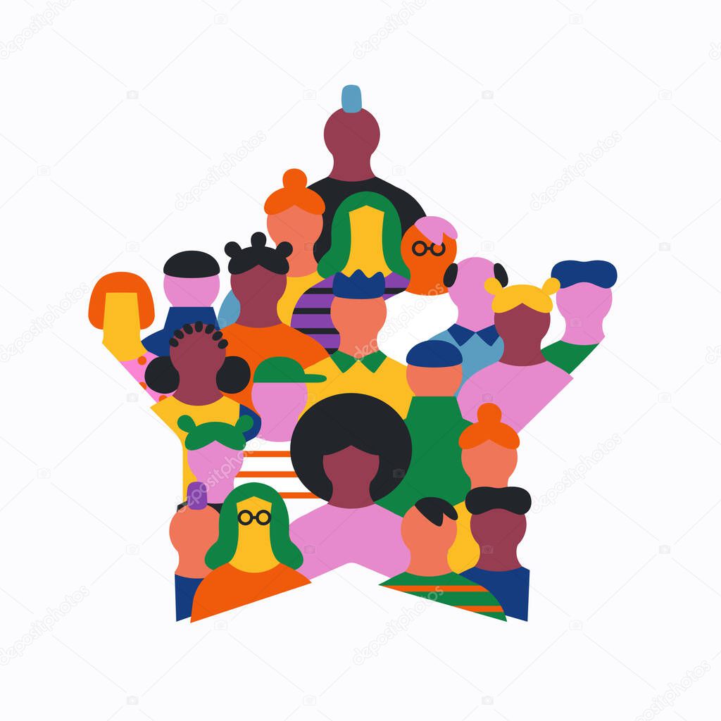 Big group of people faces together making star shape. Colorful diverse friend team concept, united community or social cooperation cartoon on isolated background.