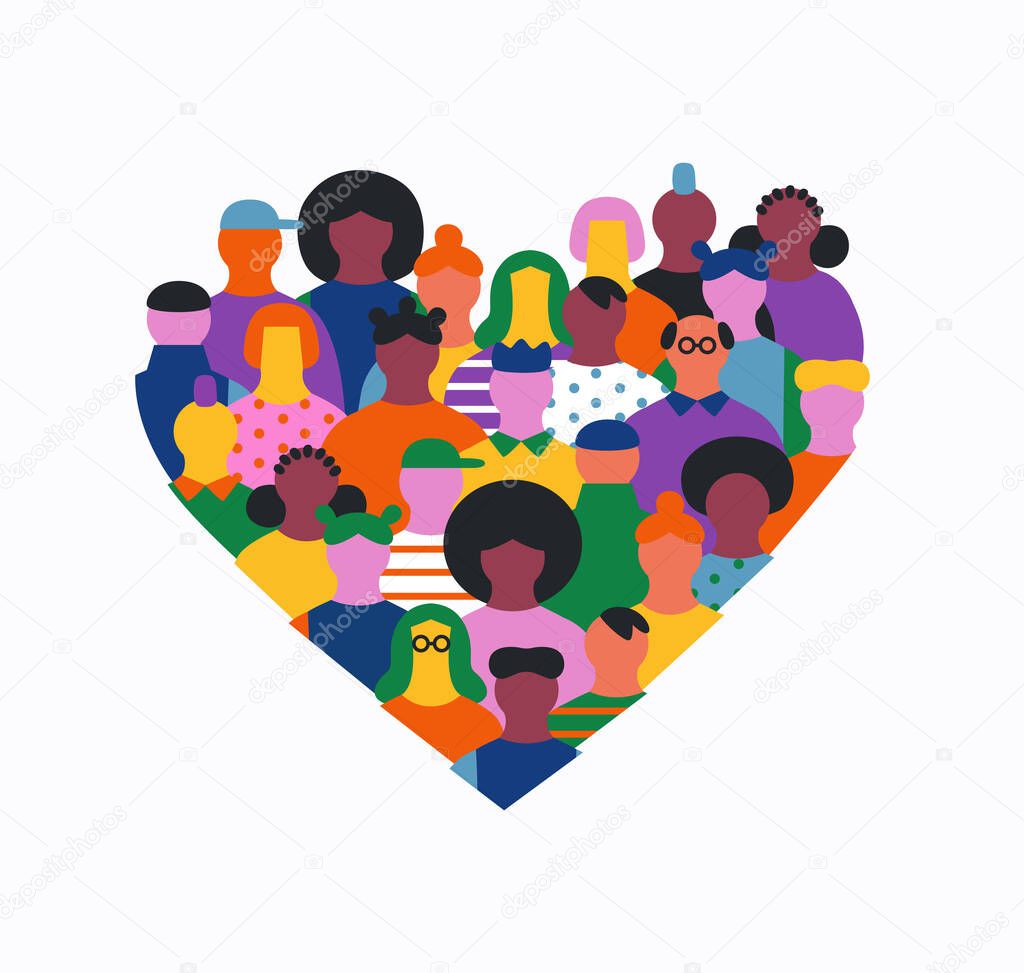 Big group of people faces together making love heart shape. Diverse friend team concept, community support or social care cartoon on isolated background.