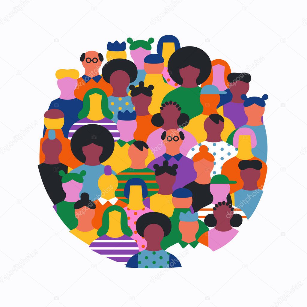 Big group of people faces together making round circle shape. Colorful diverse friend team concept, united community or social cooperation cartoon on isolated background.