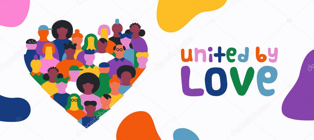 United by love web banner illustration of diverse people group making heart shape for community or friend team concept.
