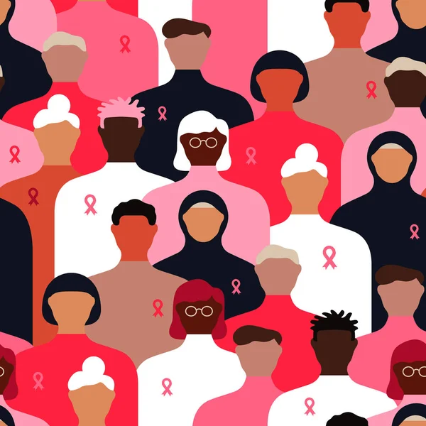 Motif Sans Couture Sensibilisation Cancer Sein Diverses Femmes Avec Ruban — Image vectorielle