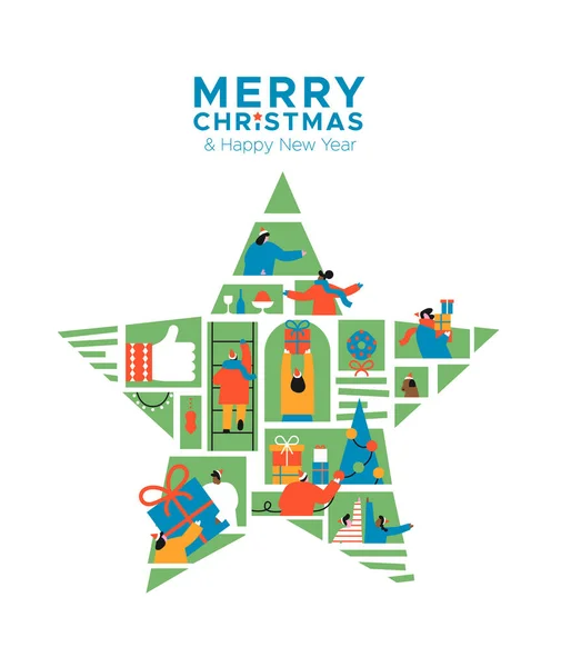 メリークリスマス星の装飾の中でオンライン接続されている多様な人々の新年の挨拶カードのイラスト 休日のお祝いイベントのためのインターネット社会接続の概念 — ストックベクタ