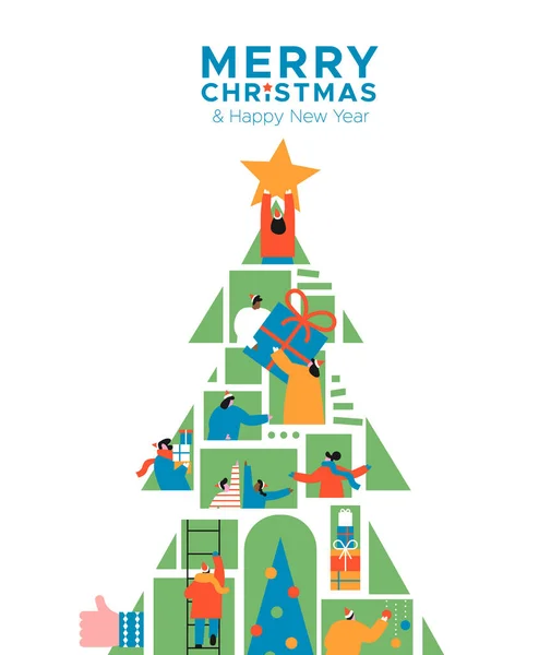 メリークリスマス松の木の中でオンライン接続された多様な人々の新年の挨拶カードのイラスト 休日のお祝いイベントのためのインターネットの友人接続コンセプト — ストックベクタ