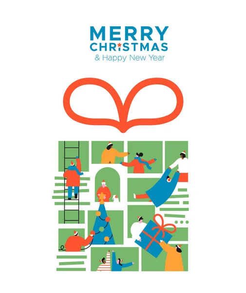 メリークリスマスギフトボックス内でオンライン接続されている多様な人々の新年の挨拶カードのイラスト 休日のお祝いイベントのためのインターネットの友人接続コンセプト — ストックベクタ