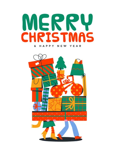 圣诞快乐新年快乐贺卡图解幽默男人和女人提着大礼品盒堆 过冬用的纸箱圣诞节礼物赠送聚会或销售活动 — 图库矢量图片