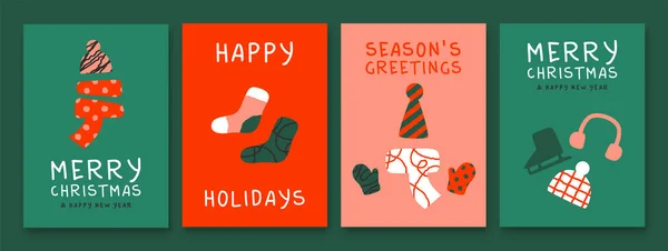 Vrolijk Kerstfeest Gelukkig Nieuwjaar Wenskaart Illustratie Set Kleurrijke Feestelijke Kerstkleding — Stockvector