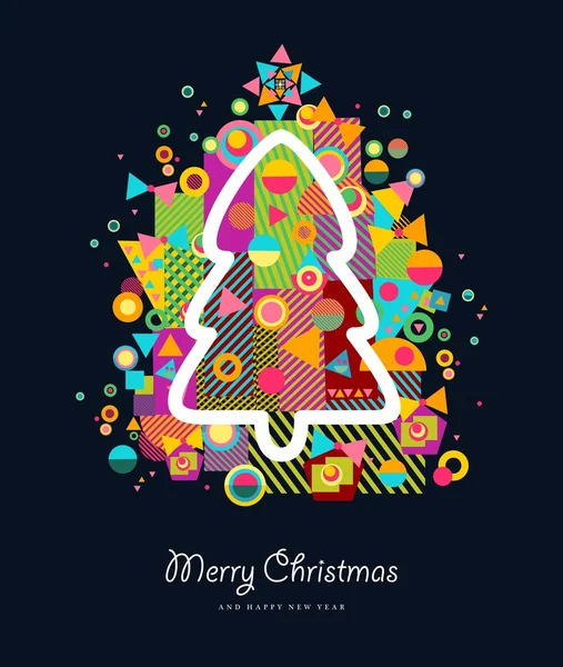 Πολύχρωμο χριστουγεννιάτικο δέντρο ρετρό ευχετήρια κάρτα Εικονογράφηση Αρχείου