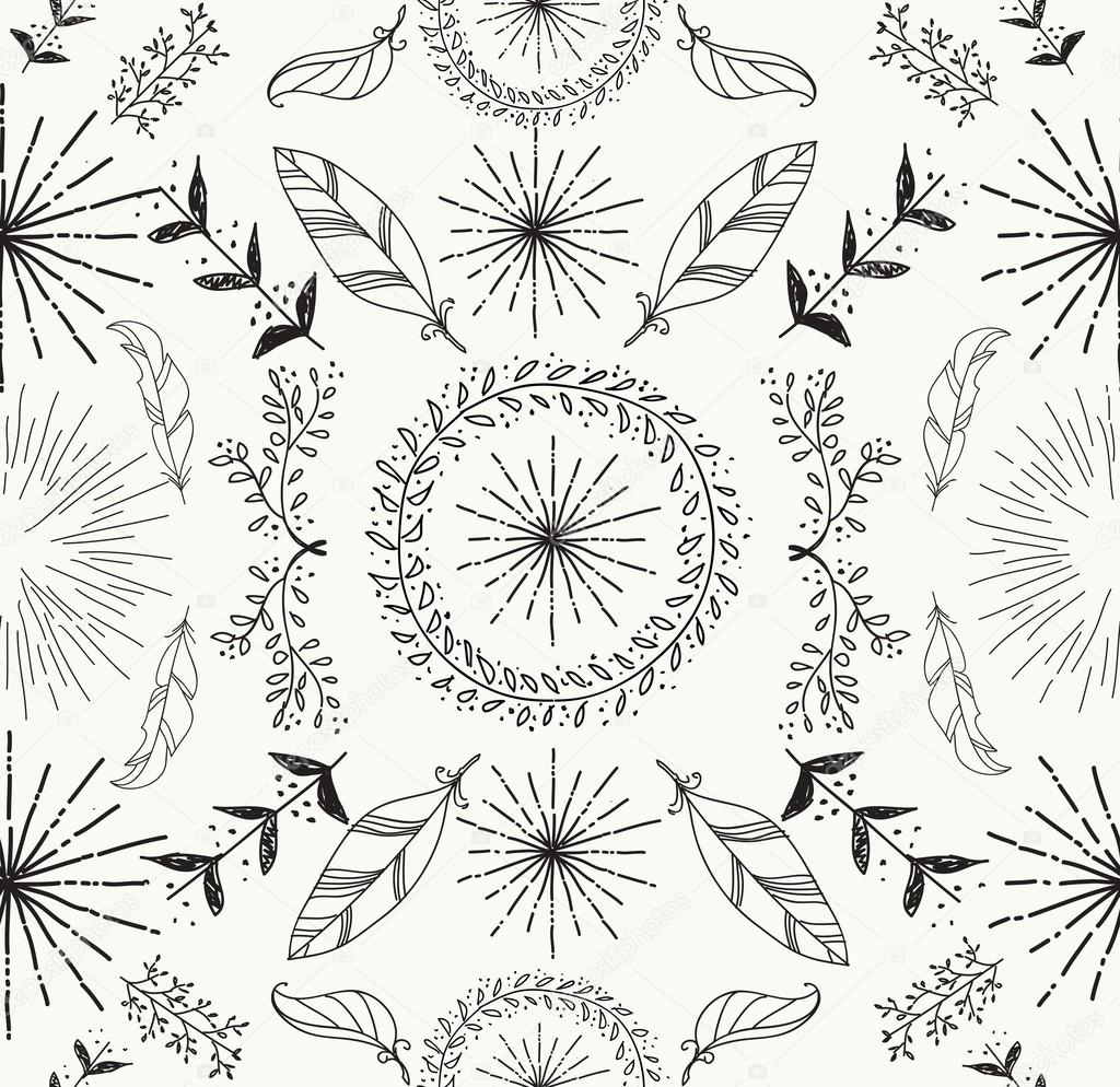 Abstract feather and floral seamless pattern