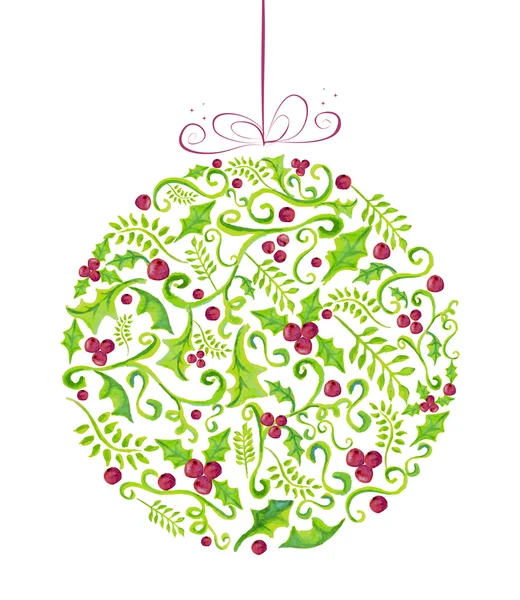 Holly Christmas watercolor bauble greeting card — Stock Vector