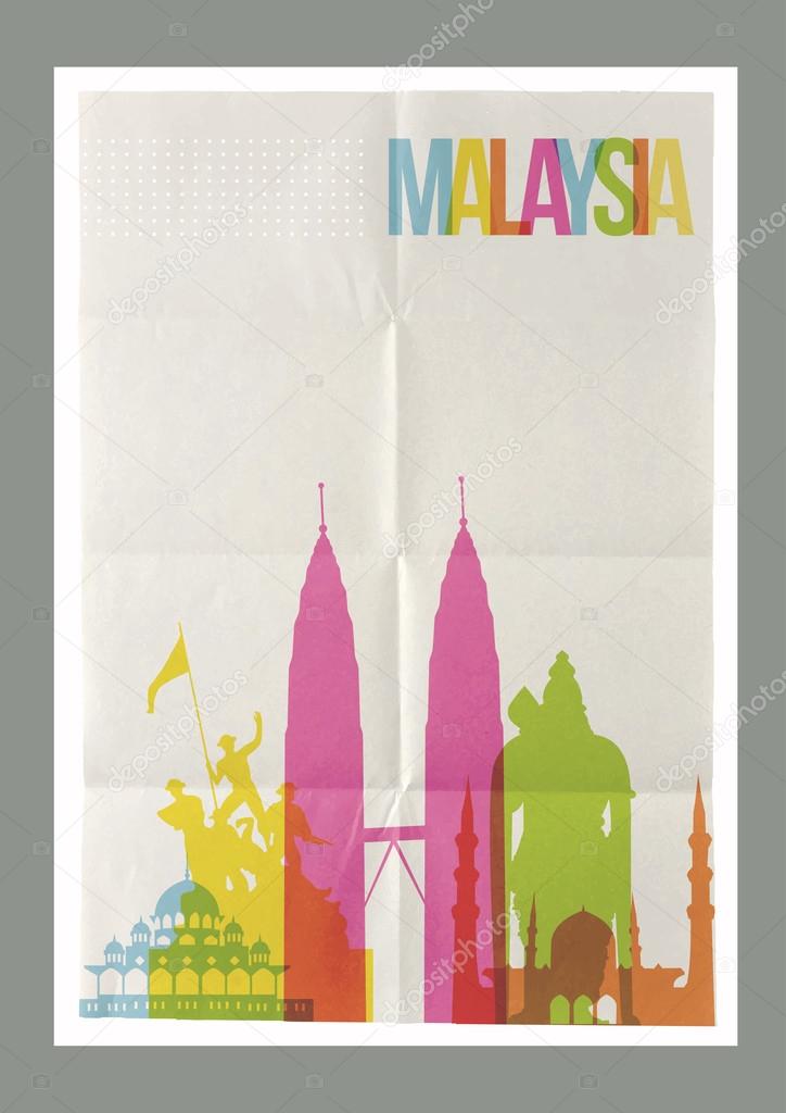 Travel Malaysia landmarks skyline vintage poster