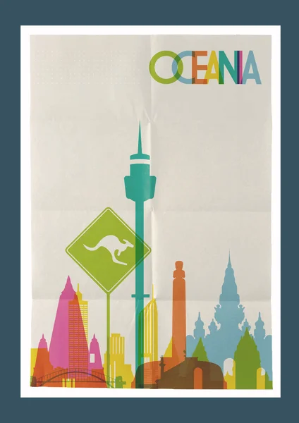 Viagem Oceania marcos skyline cartaz do vintage —  Vetores de Stock