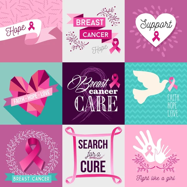 Breast cancer awareness campaign flat design set — Stock Vector