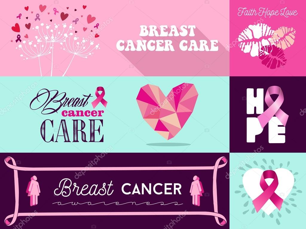 Hope for breast cancer - set of pink ribbons icons with heart and