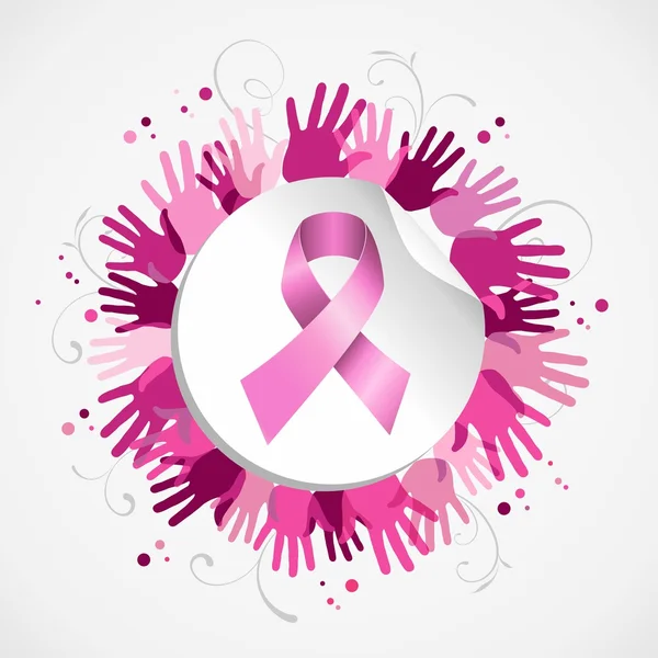 Breast cancer awareness ribbon hand social badge — Stock Vector