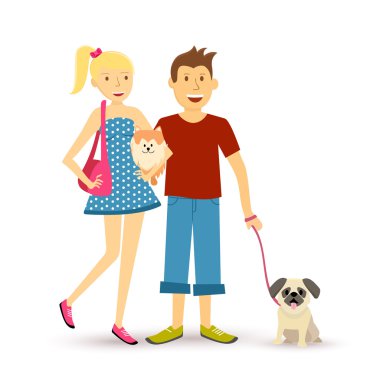Happy young couple walking with pet dogs illustration