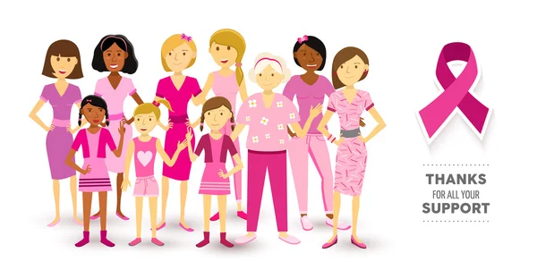 Consciência de câncer de mama mulheres rosa fita feliz — Vetor de Stock