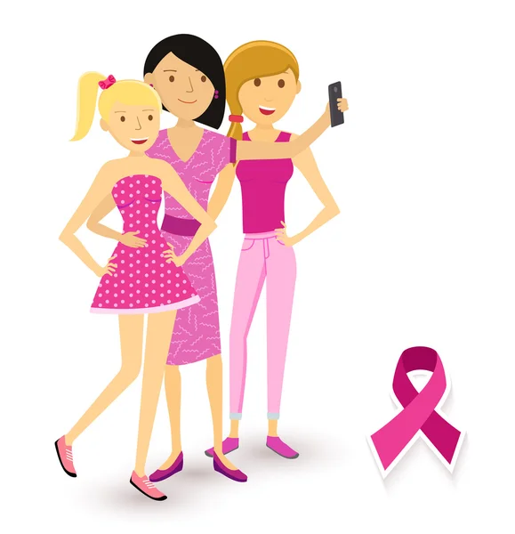 Conciencia sobre el cáncer de mama selfie girls social media — Archivo Imágenes Vectoriales