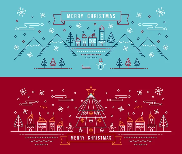 Merry christmas overzicht lineaire stad winter banner — Stockvector