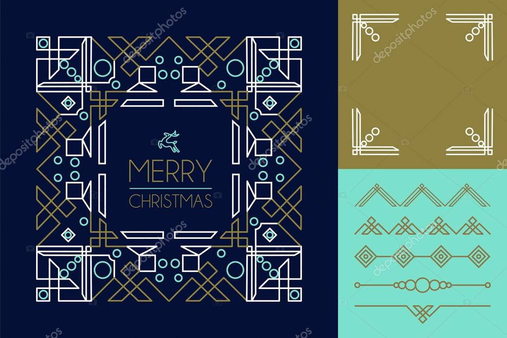Merry Mono Line Set Ornament Frame Deco Stock Vector