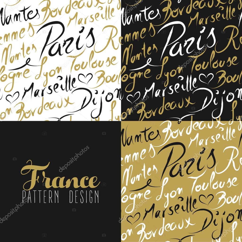 France travel love city seamless pattern gold text