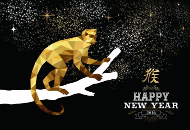 Happy china new year monkey gold low poly ape tree