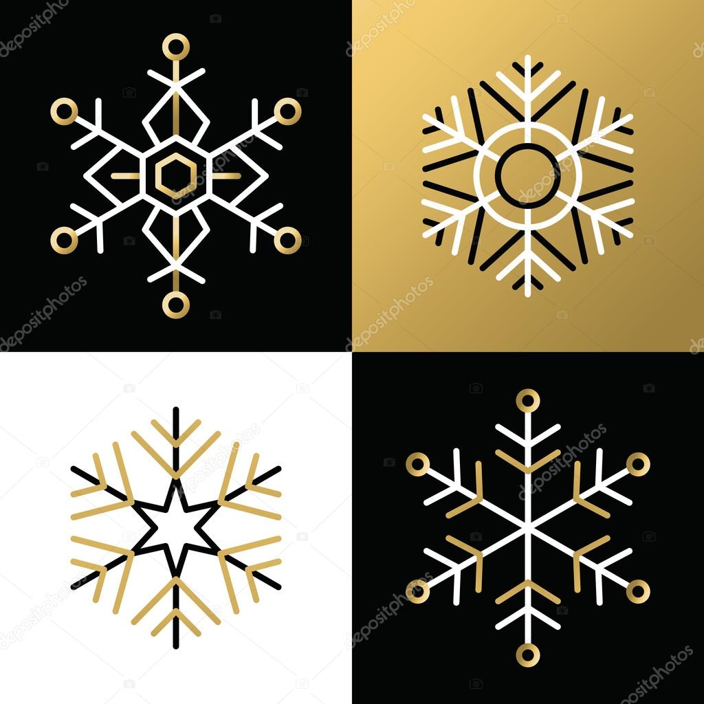 Gold outline line snowflake set icon christmas