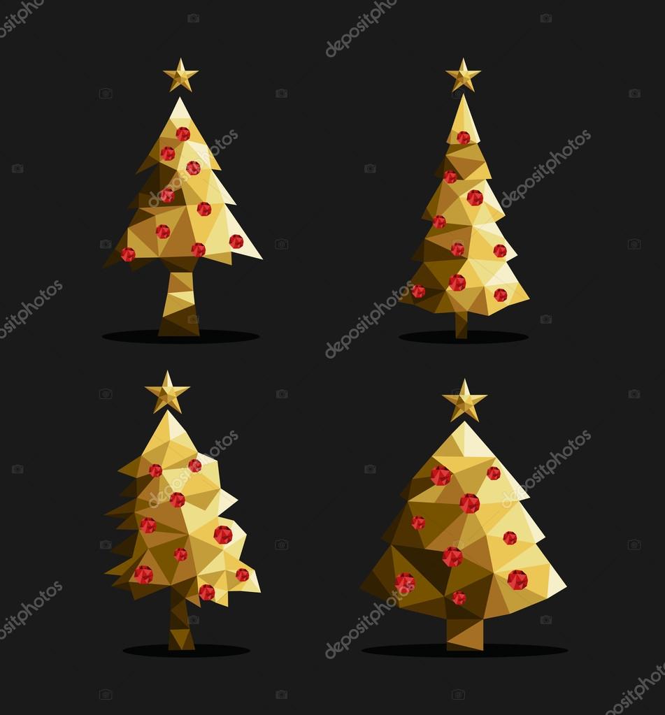 Set of polygon christmas pine trees low poly triangle style with xmas ornaments and star on top in gold metallic color EPS10 vector — Wektor od cienpies