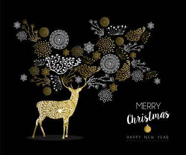 Merry christmas new year gold deer nature vintage