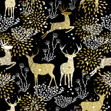 Christmas golden seamless pattern deer reindeer
