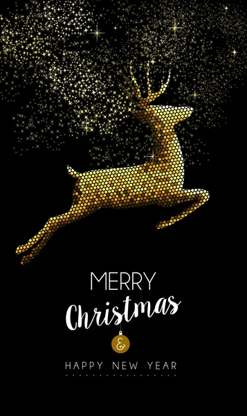 Merry christmas new year deer jumping gold mosaic — Stock vektor