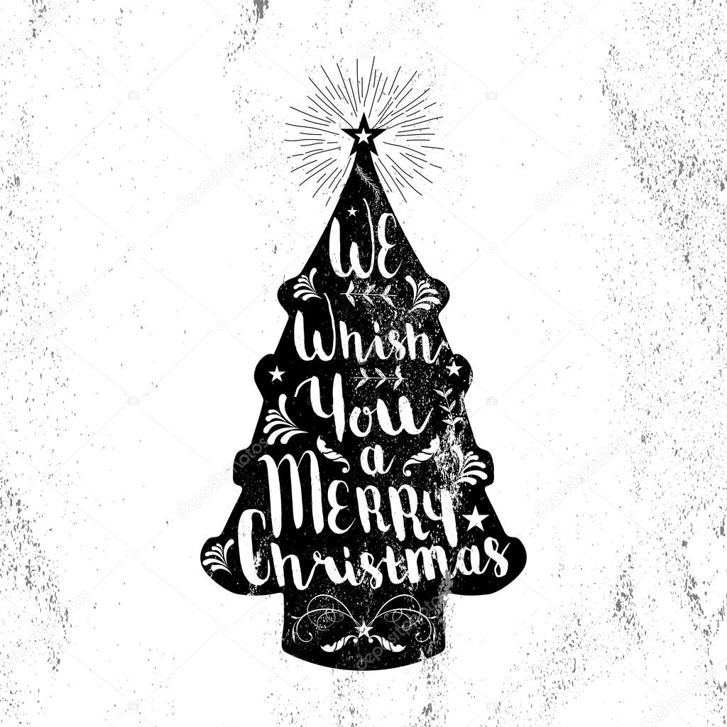 Merry christmas black and white hipster pine tree shape on paper texture background with vintage elements Ideal for xmas greeting card or elegant holiday