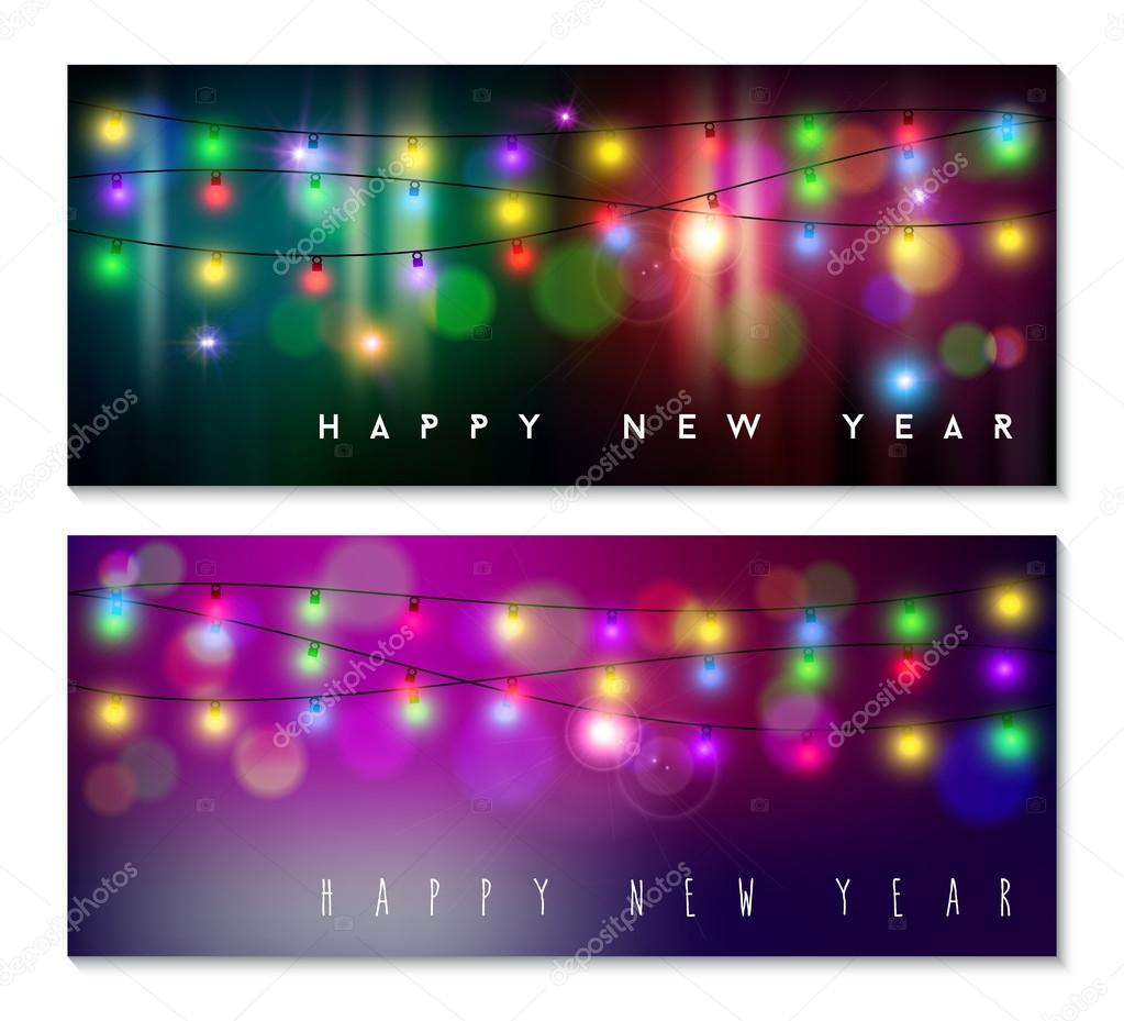 Happy new year banner set light bokeh blur holiday