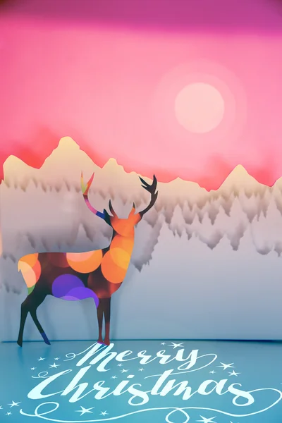 Merry christmas paper cut deer bokeh sunset forest — Φωτογραφία Αρχείου