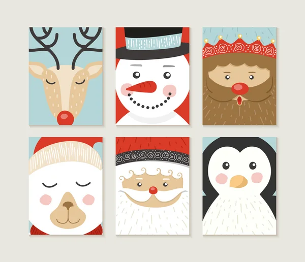 Frohe Weihnachten Karten-Set niedlich Retro-Weihnachtsmann Elfe Gesicht — Stockvektor