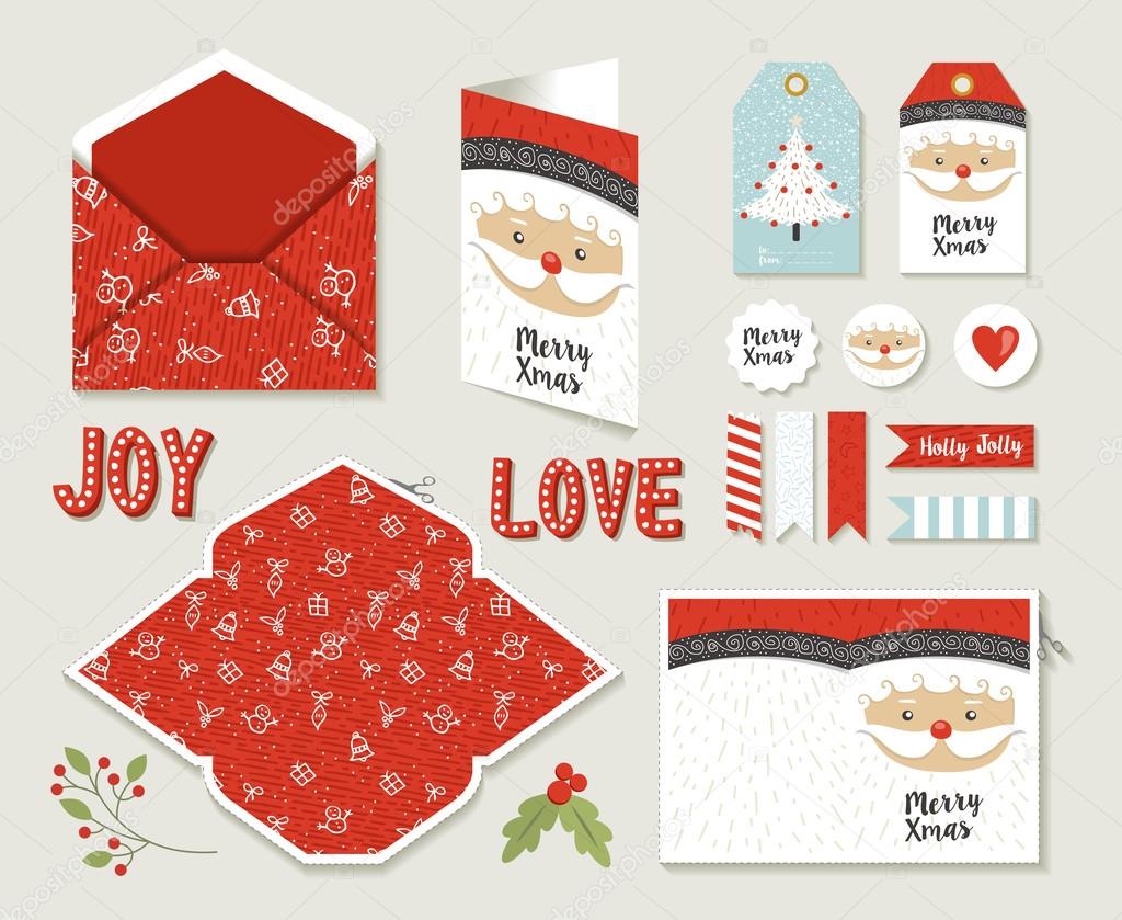 Merry christmas set printable greeting card cute