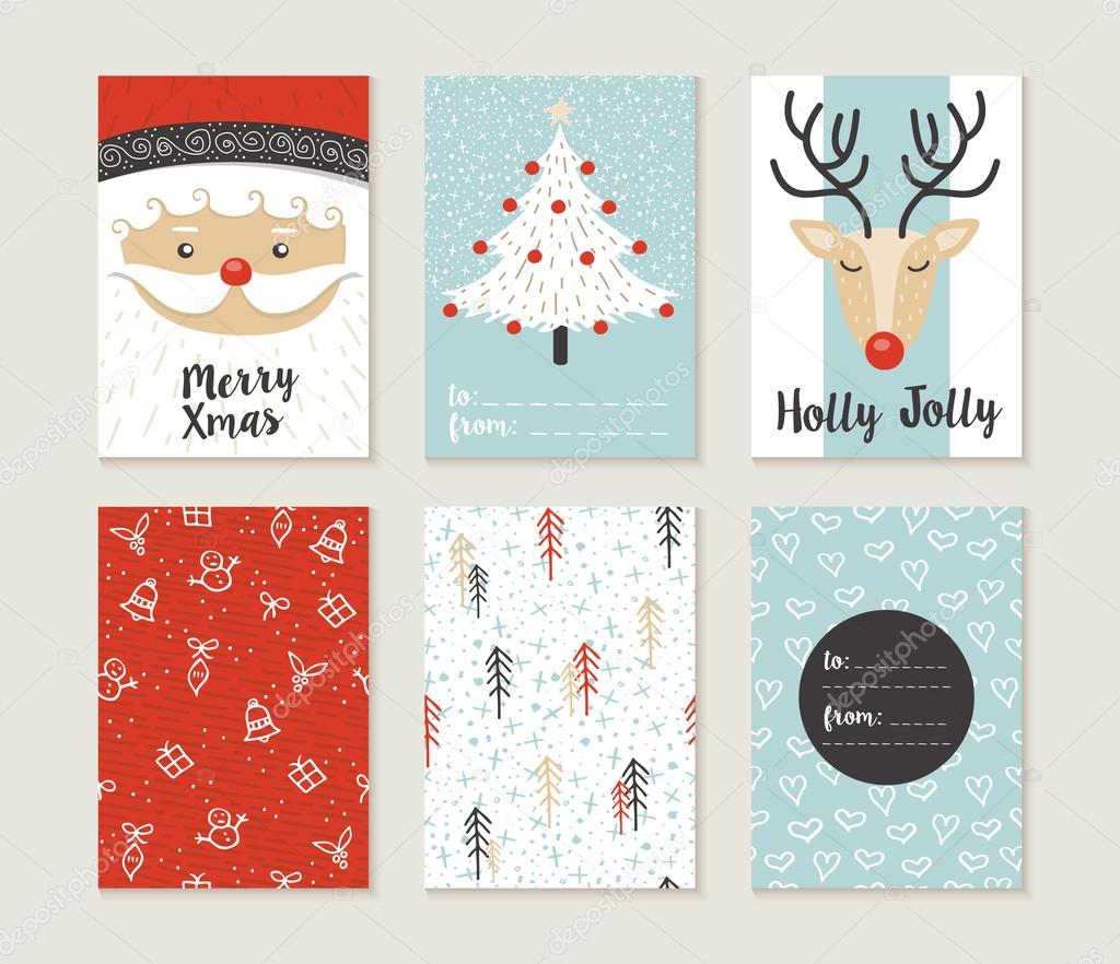 Merry christmas card set pattern retro cute santa