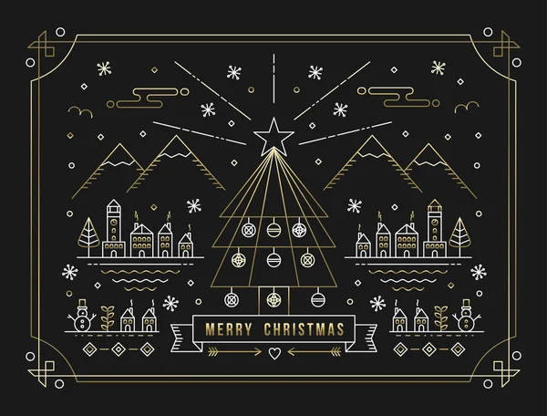 メリー クリスマス ゴールド アウトライン ツリー装飾市 — ストックベクタ