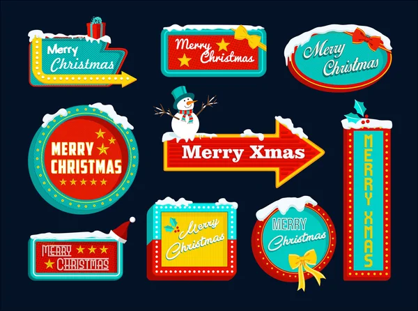 Merry christmas retro set sign snow snowman xmas — Stockový vektor
