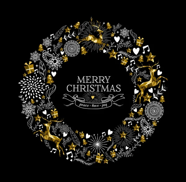 Merry christmas label wreath gold deer low poly — Stock Vector