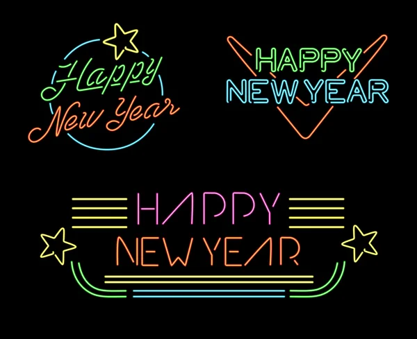 New year retro set label neon light star simple — 图库矢量图片