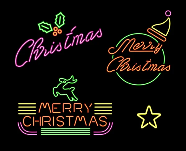Merry christmas set retro neon light sign label — Stockový vektor